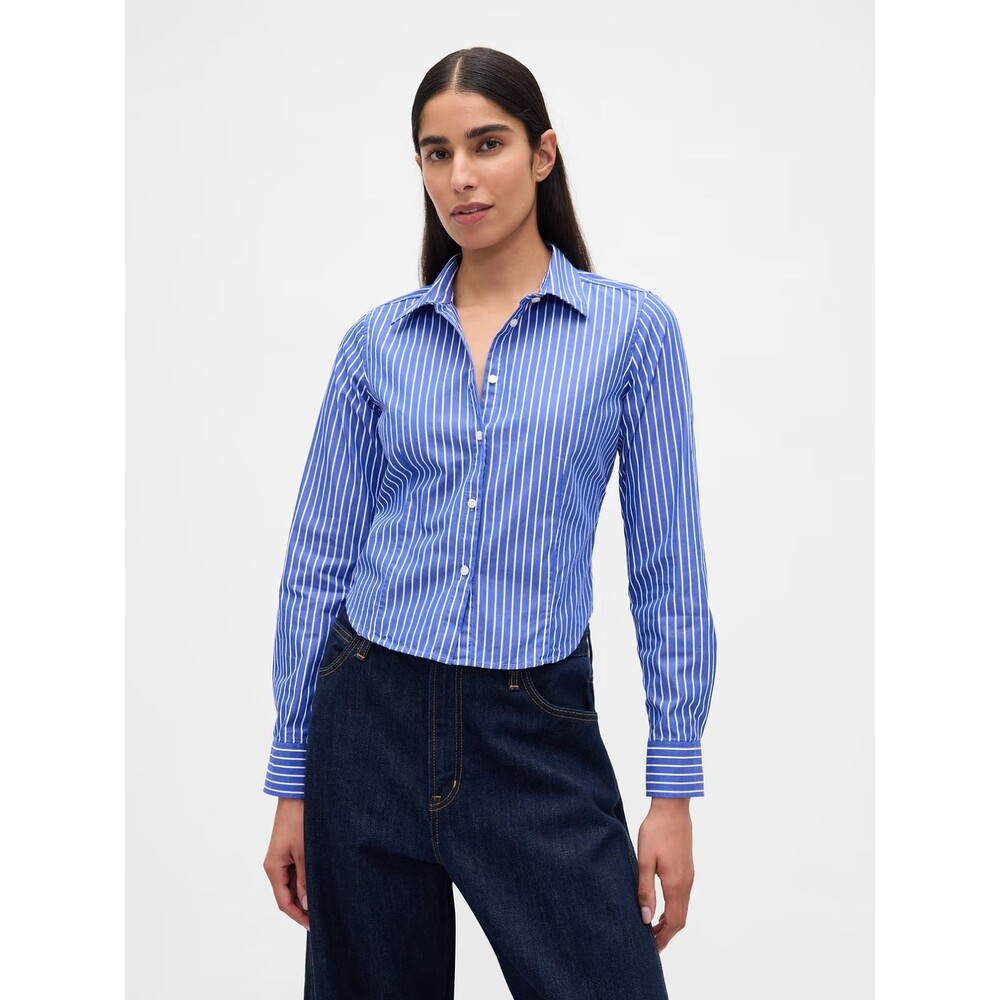 Gap Shirt Womens Small Blue Pinstripe Cropped Button Up Coastal Minimalist Clean
